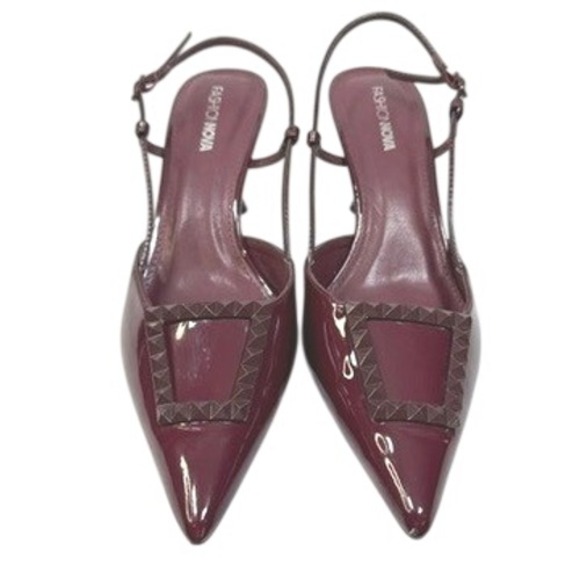 Fashion Nova Shoes - Fashion Nova Patent Slingback Pumps Studded Buckle Pointed Toe Burgundy Size 8.5